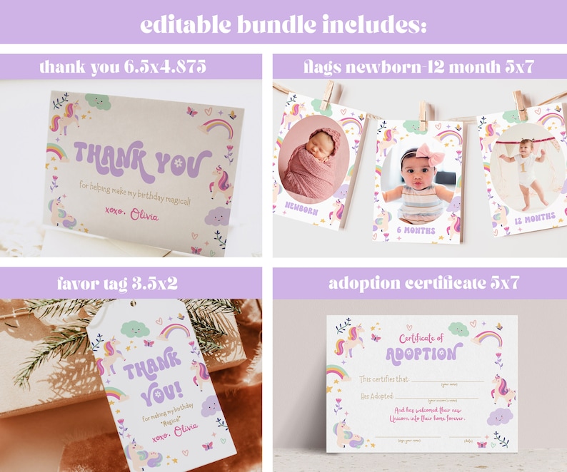Puede incluir: Un paquete imprimible de decoraciones para fiestas de cumplea&ntilde;os y adopci&oacute;n con tem&aacute;tica de unicornio. El paquete incluye una tarjeta de agradecimiento, una etiqueta de favor, un certificado de adopci&oacute;n y un conjunto de banderas para el primer a&ntilde;o de un beb&eacute;.