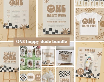 One Happy Dude Birthday Invitation Boy First Birthday Smile Face Retro Birthday Editable Digital Template INSTANT DOWNLOAD 58