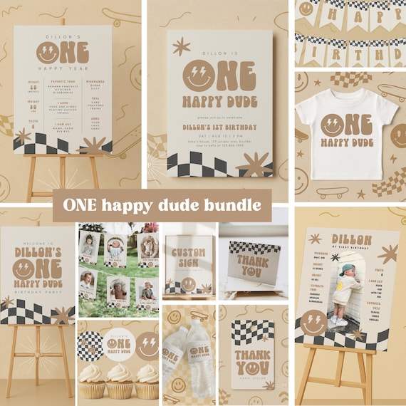 One Happy Dude Birthday Invitation Boy First Birthday Smile Face Retro Birthday Editable Digital Template INSTANT DOWNLOAD 58