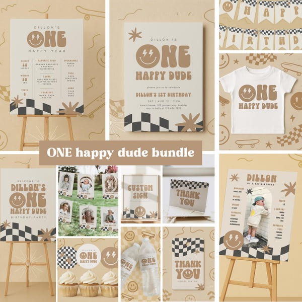One Happy Dude Birthday Invitation Boy First Birthday Smile Face Retro Birthday Editable Digital Template INSTANT DOWNLOAD 58