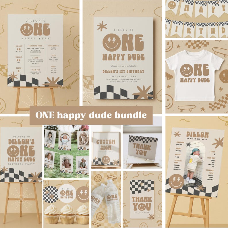 One Happy Dude Birthday Invitation Boy First Birthday Smile Face Retro Birthday Editable Digital Template INSTANT DOWNLOAD 58 image 1