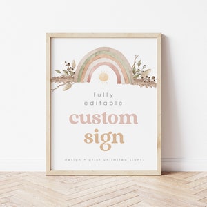 Placa personalizada para chá de bebê Rainbow Sunshine, placa editável para impressão, placa de presente para download instantâneo, placa de chá de bebê Boho Rainbow, 80
