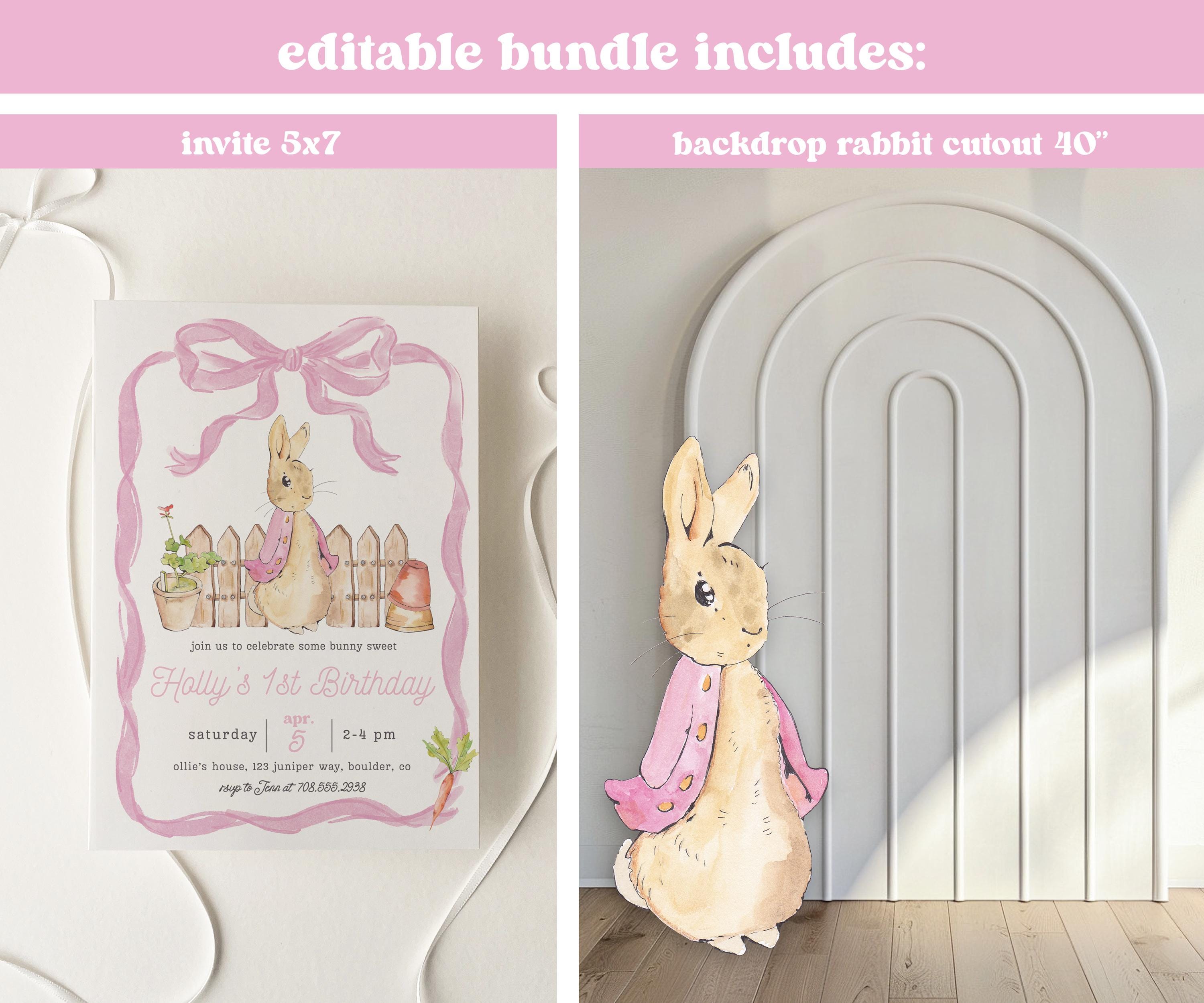 Flopsy Rabbit Printable Flopsy Rabbit First Birthday Bundle, Editable Rustic Bunny Invite ...
