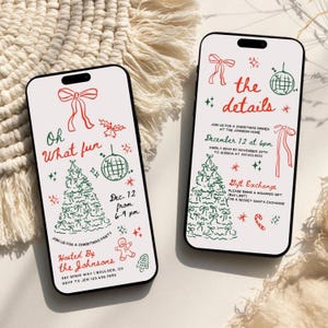 Op de afbeelding: Twee telefoonhoesjes met uitnodigingen voor een kerstfeest. De ontwerpen bevatten rood- en groengetekende illustraties van strikken, kerstbomen, discoballen en tekst met "Oh What fun" en "the details".