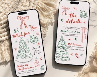 Puede incluir: Dos fundas para teléfono con invitaciones a una fiesta navideña. Los diseños presentan ilustraciones dibujadas a mano en rojo y verde de lazos, árboles de Navidad, bolas de discoteca y texto que dice "Oh What fun" y "the details".