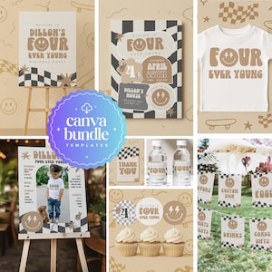 Boy Fourth Birthday Invite Bundle Four Ever Young Birthday Invitation Smile Face Retro Birthday Editable Template INSTANT DOWNLOAD 58