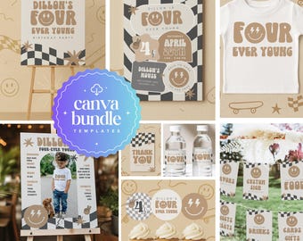 Jongen vierde verjaardag uitnodigen bundel vier Ever Young verjaardagsuitnodiging glimlach gezicht retro verjaardag bewerkbare sjabloon INSTANT DOWNLOAD 58