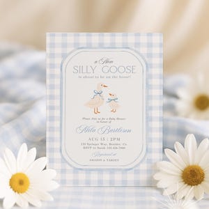 May include: A baby shower invitation with a blue gingham background and a central oval frame. The frame contains illustrations of two geese and the text "a New SILLY GOOSE is about to be on the loose!" and event details.