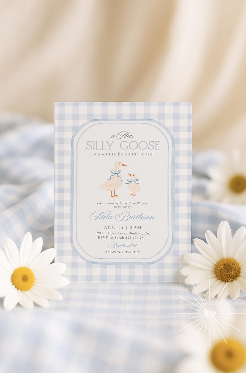 May include: A baby shower invitation with a blue gingham background and a central oval frame. The frame contains illustrations of two geese and the text "a New SILLY GOOSE is about to be on the loose!" and event details.