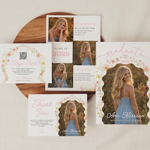 May include: Graduation announcement set featuring a photo of a woman in a blue dress, surrounded by a floral design. The set includes a thank you card, college fund information, and an invitation with the graduate's name and school.