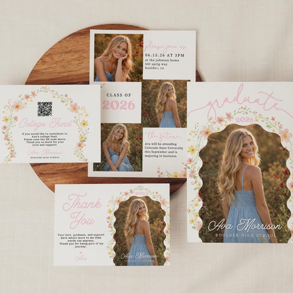 Floral Graduation Announcement Suite, Scalloped Frame Senior Girl Grad Invite, Class of 2026 Wildflower Grad College Fund Thank You Set G4