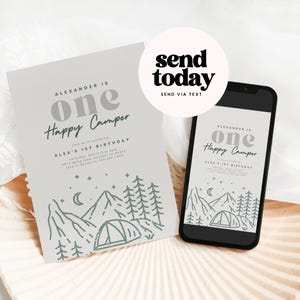 One Happy Camper Birthday Invitation Boy, Happy Camper Boy First Birthday Camping Birthday, Campout Birthday Editable Template 14 image 2