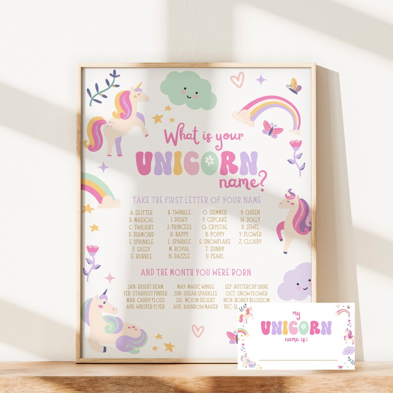 Puede incluir: Un gr&aacute;fico imprimible con una ilustraci&oacute;n de unicornio y el texto "&iquest;Cu&aacute;l es el nombre de tu unicornio?" El gr&aacute;fico incluye una lista de nombres y letras correspondientes, y una lista de meses y nombres de unicornios correspondientes. El gr&aacute;fico est&aacute; dise&ntilde;ado para ayudar a las personas a encontrar el nombre de su unicornio en funci&oacute;n de la primera letra de su nombre y el mes en que nacieron.