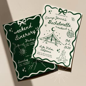 Green Camp Bachelorette Einladung & Reiseplan | Glamping Wochenende Vorlage | Bearbeitbar druckbar einladen | Rustikaler Junggesellinnenabschied