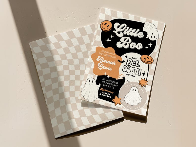 May include: A baby shower invitation with a Halloween theme. The invitation features the text "Little Boo" in a retro font, along with ghost and smiley face graphics. The invitation includes the date, time, and location of the event.