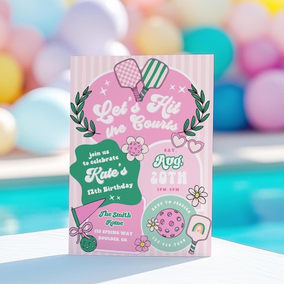 Kate Pickleball Birthday Invitation Girl – Editable 5x7 Template – Let's Hit the Courts Party Invite – Tween or Teen Sports Theme Any Age
