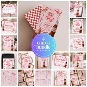 May include: A collection of pink and red baby shower templates with a soda theme. Includes invitations, signs, and favor tags. The text includes phrases like "She's Ready to Pop!" and "Dirty Soda Bar."
