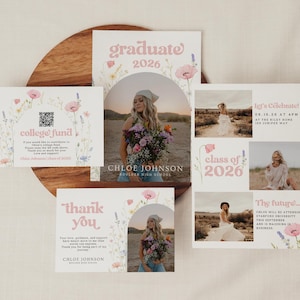 Puede incluir: Un conjunto de anuncios de graduación y tarjetas de agradecimiento. Las tarjetas presentan una foto de una mujer sosteniendo flores, con el texto "graduate 2026", "thank you" y "college fund". Ilustraciones florales en rosa y morado decoran las tarjetas.