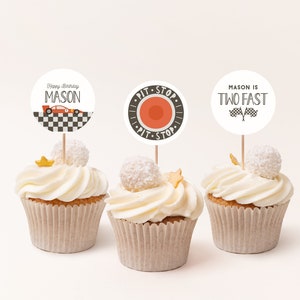 Race Car Cupcake Toppers, Birthday Cupcake Toppers, Red Race Car Boy Birthday, Instant Editable Template, 7135