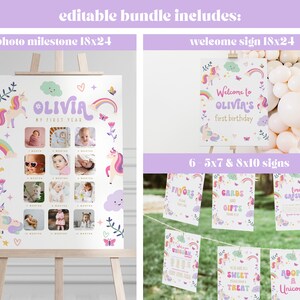 Puede incluir: Conjunto imprimible editable para una fiesta de primer cumplea&ntilde;os con tem&aacute;tica de unicornio. El conjunto incluye un p&oacute;ster de hitos fotogr&aacute;ficos, un cartel de bienvenida y seis carteles m&aacute;s peque&ntilde;os. Los carteles presentan arco&iacute;ris, estrellas y unicornios en rosa, morado y azul.