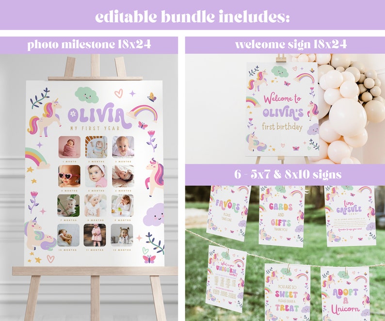 Puede incluir: Conjunto imprimible editable para una fiesta de primer cumplea&ntilde;os con tem&aacute;tica de unicornio. El conjunto incluye un p&oacute;ster de hitos fotogr&aacute;ficos, un cartel de bienvenida y seis carteles m&aacute;s peque&ntilde;os. Los carteles presentan arco&iacute;ris, estrellas y unicornios en rosa, morado y azul.