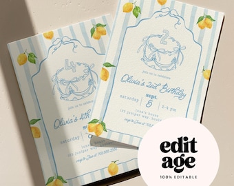EDITABLE Lemon Birthday Invitation Template, Girl Lemon Birthday Invite, Croquette Blue Stripe Lemon Birthday Invite Canva Template Liv