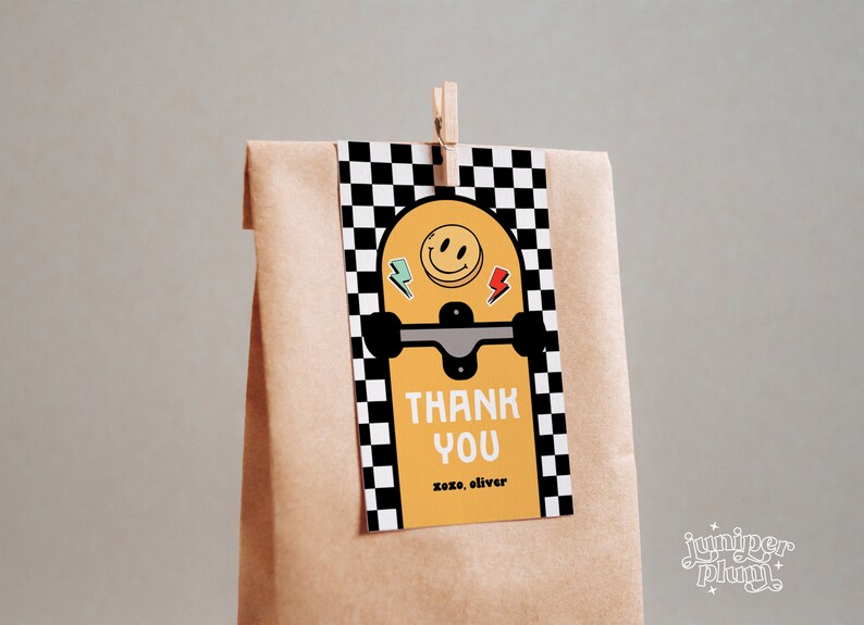 May include: A yellow and black thank you tag with a skateboard design. The tag has a smiley face, lightning bolts, and the text "Thank You" with "xoxo, oliver" below.