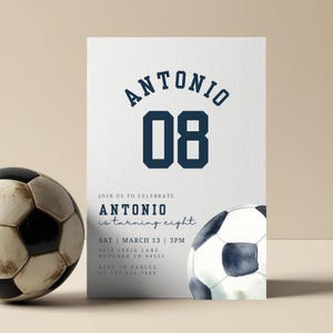 May include: A blue and white birthday invitation with a soccer ball graphic. The invitation says "Antonio is turning eight" and includes the date, time, and location of the party. RSVP information is also included.