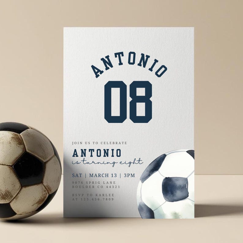 May include: A blue and white birthday invitation with a soccer ball graphic. The invitation says "Antonio is turning eight" and includes the date, time, and location of the party. RSVP information is also included.