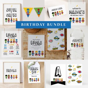 May include: A printable superhero birthday party bundle with a variety of designs, including a welcome sign, a favor tag, a thank you tag, a water bottle label, a banner, and a card. The designs feature a variety of superheroes, including Spiderman, Captain America, Iron Man, and Hulk.