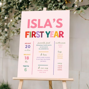 May include: A light pink milestone sign titled ISLA'S FIRST YEAR in bold pink and multicolored letters. It lists statistics including 20 inches height, 18 lbs weight, 6 teeth, and categories for favorite food, nicknames, toys, and I love, I can say, and song.