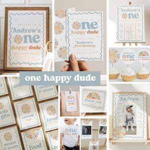May include: A collection of birthday party decorations with a retro sunburst design. Items include a framed sign, invitations, cupcake toppers, and a t-shirt, all featuring the text "Andrew's one happy dude". The color palette includes blue, orange, and beige.
