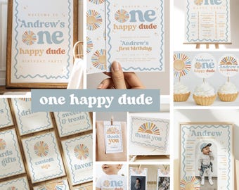 One Happy Boy Sun 1st Birthday Invitation Bundle | Boho Retro Sun Boy First Birthday Decor | Instant Download Editable Canva Set