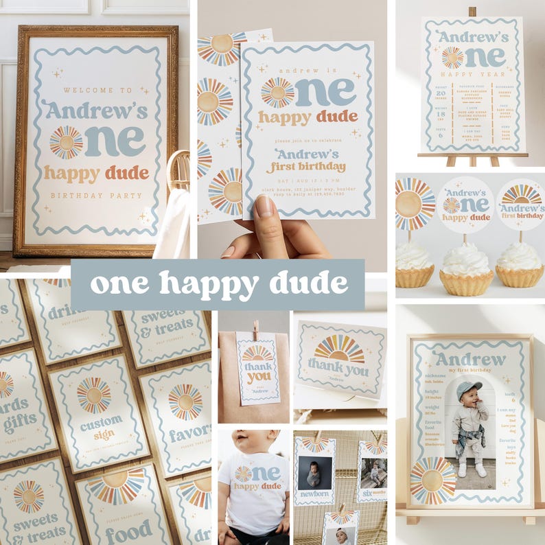 May include: A collection of birthday party decorations with a retro sunburst design. Items include a framed sign, invitations, cupcake toppers, and a t-shirt, all featuring the text "Andrew's one happy dude". The color palette includes blue, orange, and beige.