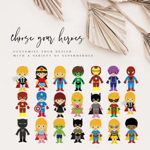 May include: A set of 20 colorful cartoon superhero illustrations. The superheroes are all children, and they are wearing different costumes. The text "choose your heroes" is at the top of the image, and the text "CUSTOMIZE YOUR DESIGN WITH A VARIETY OF SUPERHEROES" is below the illustrations.