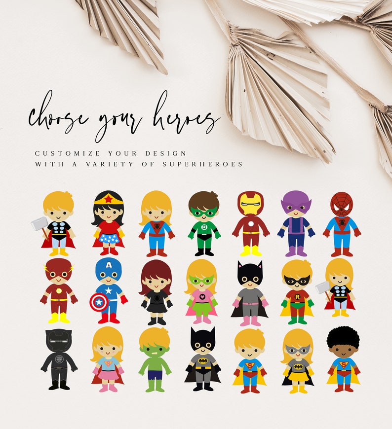 May include: A set of 20 colorful cartoon superhero illustrations. The superheroes are all children, and they are wearing different costumes. The text "choose your heroes" is at the top of the image, and the text "CUSTOMIZE YOUR DESIGN WITH A VARIETY OF SUPERHEROES" is below the illustrations.
