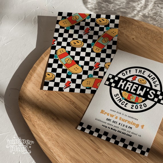 Skateboard Birthday Invitation, Boy Birthday Invite Skate Party Skateboard Retro Checker Smile Face Editable 4th birthday Invite Template