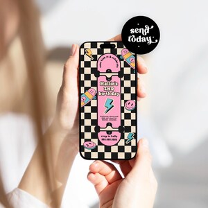 May include: A pink and black skateboard-themed birthday party invitation with a checkered background. The invitation says "Hallie's 2nd Birthday" and includes a skateboard graphic with lightning bolts and smiley faces.