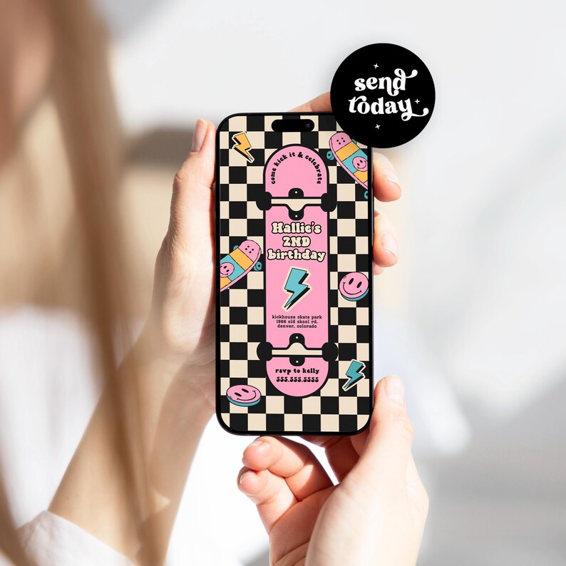 May include: A pink and black skateboard-themed birthday party invitation with a checkered background. The invitation says "Hallie's 2nd Birthday" and includes a skateboard graphic with lightning bolts and smiley faces.