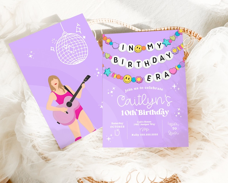 May include: Purple birthday invitation with a colorful beaded garland that says "In My Birthday Era". The invitation also includes a graphic of a girl playing a pink guitar and text that says "Join us to celebrate Caitlyn's 10th Birthday".