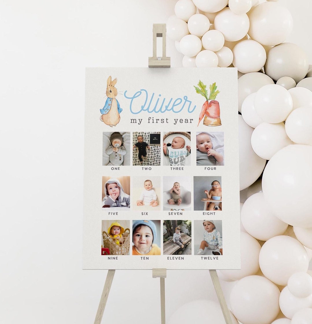 Peter Rabbit Birthday Photo Milestone Poster, Editable Rustic Bunny ...