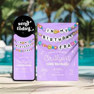 May include: Purple birthday invitation with a banner that says "In My Birthday Era". The invitation is decorated with colorful smiley faces, stars, and hearts. The text on the invitation says "Join us to celebrate Caitlyn's 10th Birthday".