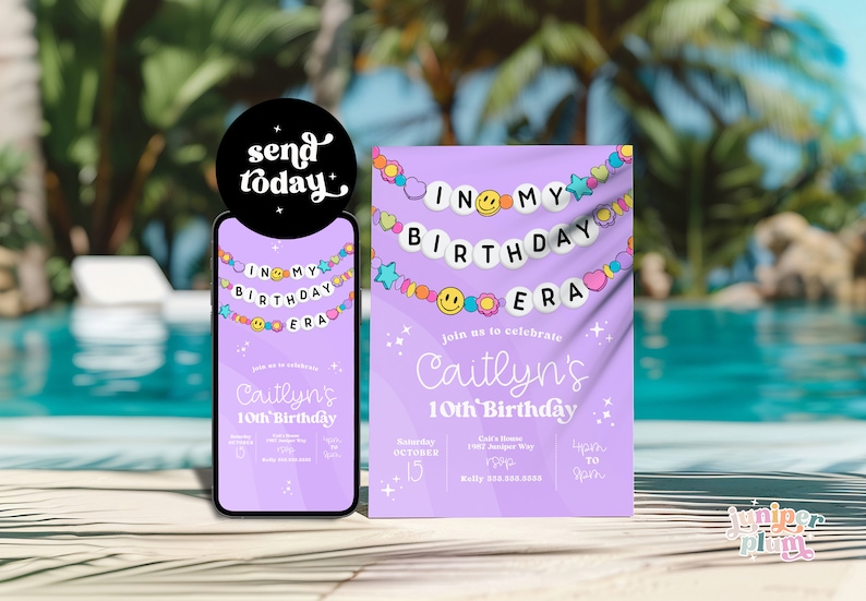 May include: Purple birthday invitation with a banner that says "In My Birthday Era". The invitation is decorated with colorful smiley faces, stars, and hearts. The text on the invitation says "Join us to celebrate Caitlyn's 10th Birthday".