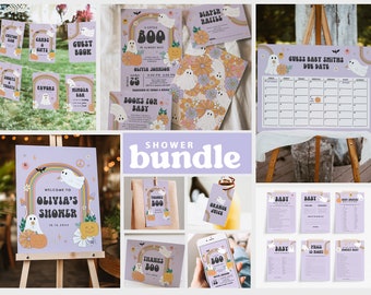 May include: A set of printable Halloween baby shower decorations in a purple and orange color scheme with a ghost and pumpkin theme. The set includes a welcome sign, a guest book, a diaper raffle sign, a game card, a thank you tag, and a due date calendar.
