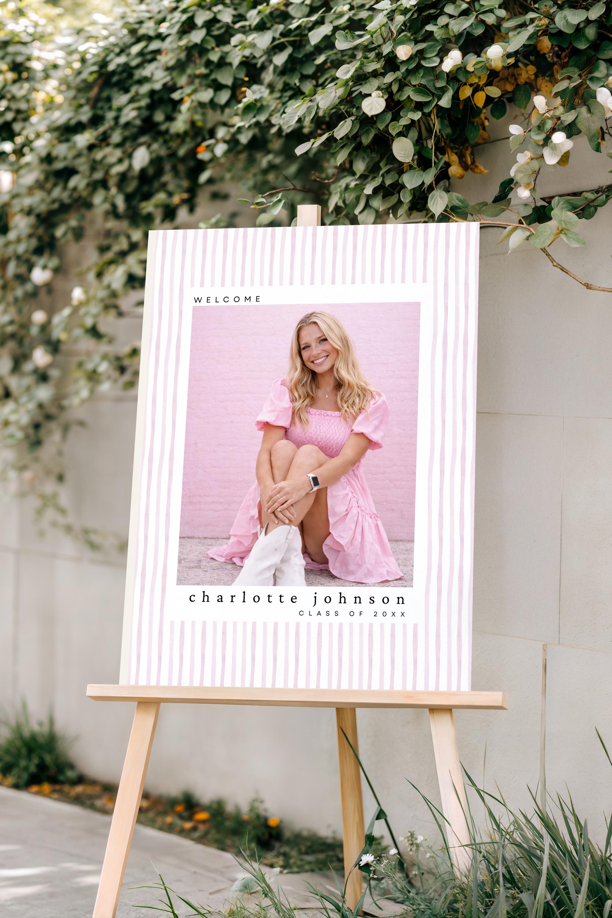 Preppy Graduation Welcome Sign Template, Pink Striped Photo Grad Sign ...