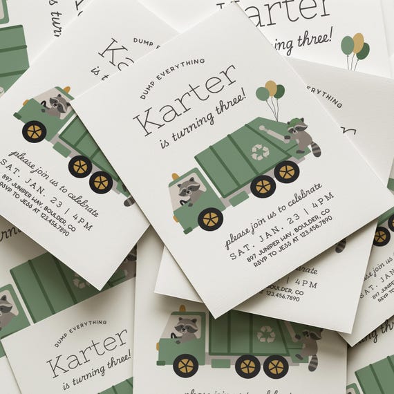 Garbage Truck Birthday Invitation | Editable Canva Template | Dump Everything Party Invite | Raccoon Garbage Truck Boy Birthday 295