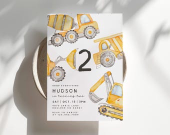 May include: A watercolor-style birthday invitation featuring construction vehicles in shades of yellow and gray. The number "2" is prominently displayed, with event details below, including the name "HUDSON" and RSVP information.