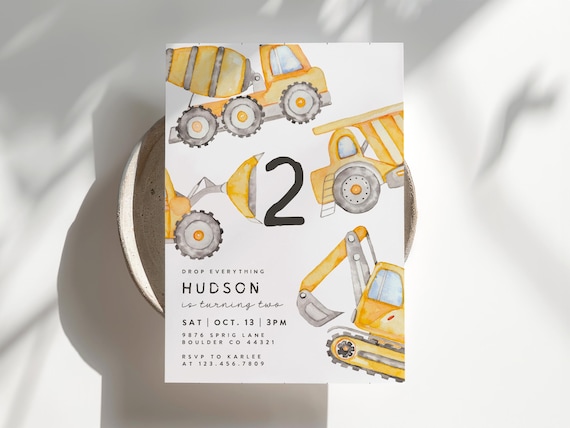 Watercolor Construction Birthday Invite Template, Editable Construction Birthday Invitation, Boys 2nd Birthday Invite Construction Evite 258