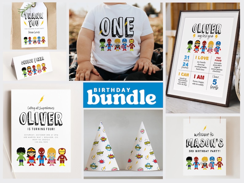 May include: A superhero-themed birthday party printable bundle with a variety of items, including a thank you tag, a welcome sign, a party hat, an invitation, and a milestone chart. The items feature a colorful cast of superheroes, including Spiderman, Hulk, Iron Man, and Captain America. The text on the invitation reads "Calling all Superheroes Oliver is turning four!"