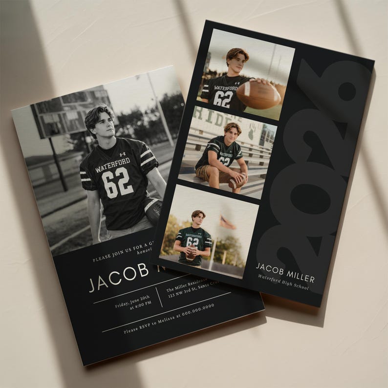 May include: Black and white graduation announcement featuring a young man in a football jersey with the number 62. The announcement includes the name "JACOB" and the year "2026". The invitation also includes the date, time, and RSVP information.